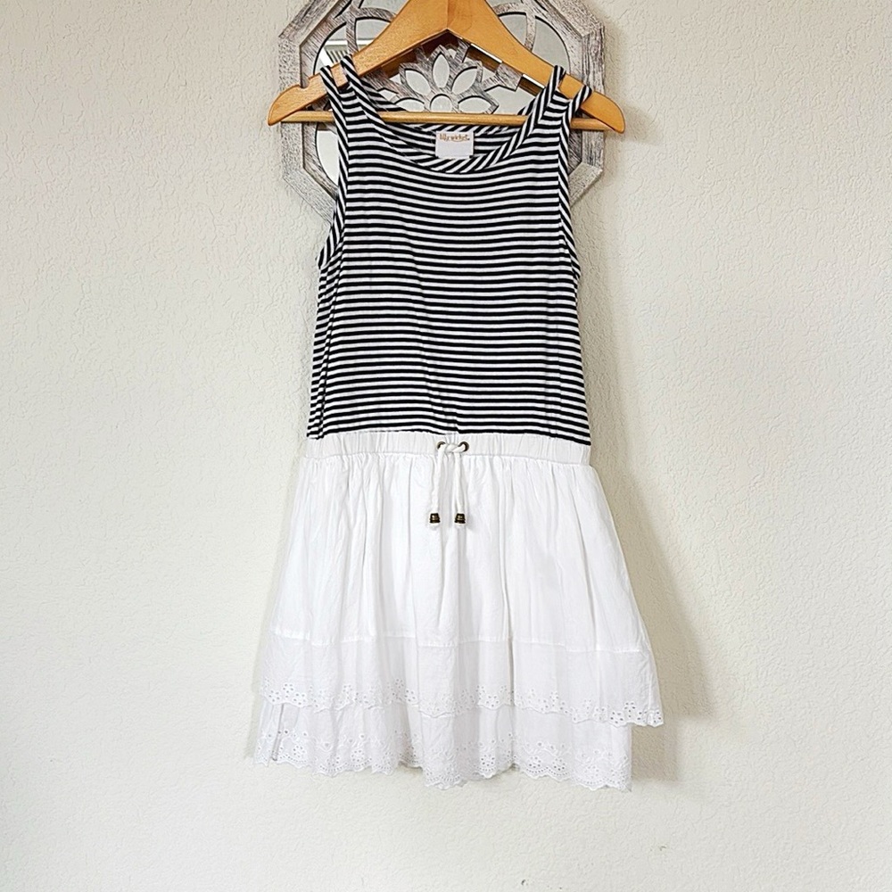 Lilly Wicket • Blue + White Striped Pleated Sundress with Double Spaghetti Strap